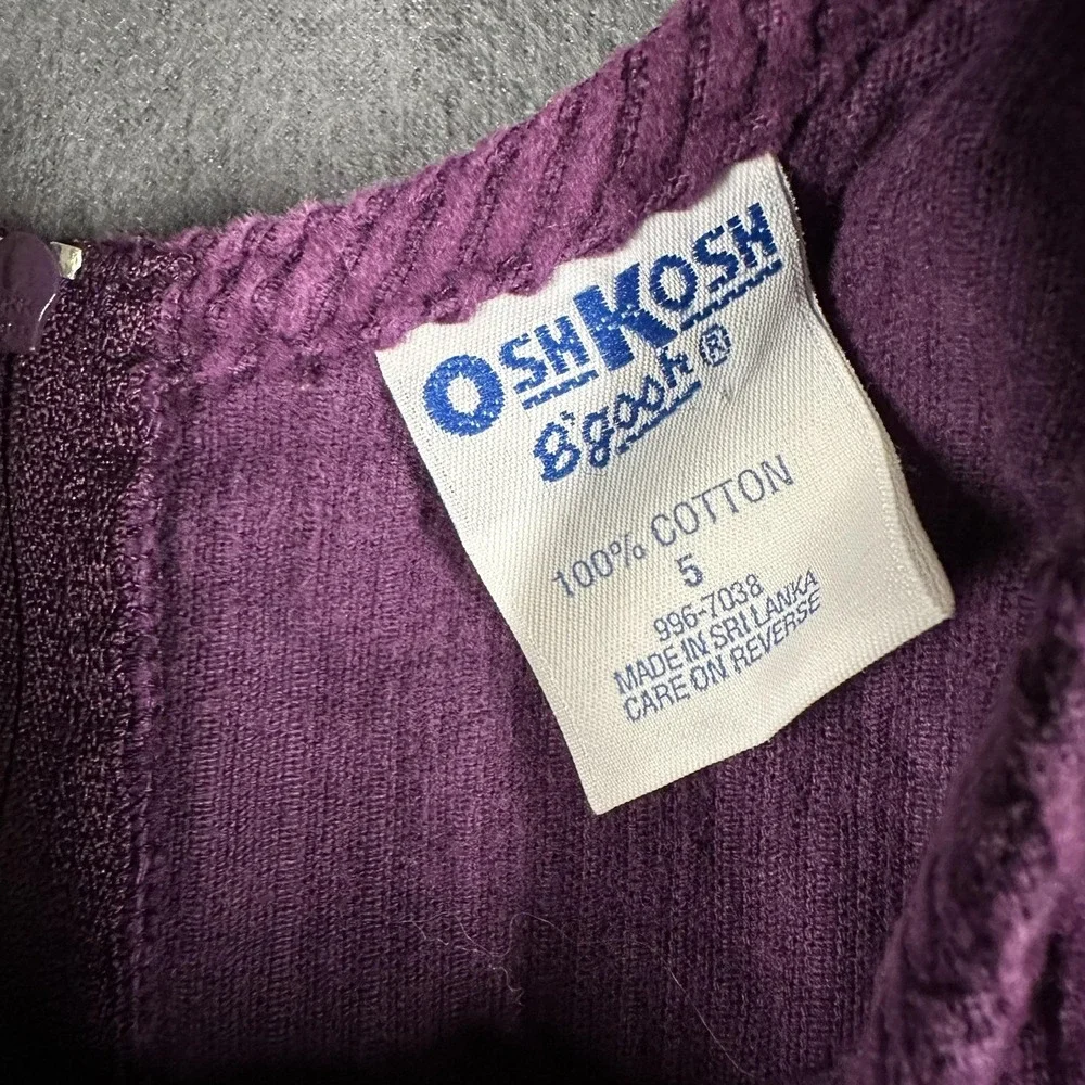 Vtg OshKosh B'gosh Jumper Dress Girls 5 Purple Corduroy Tank Pockets Embroidered